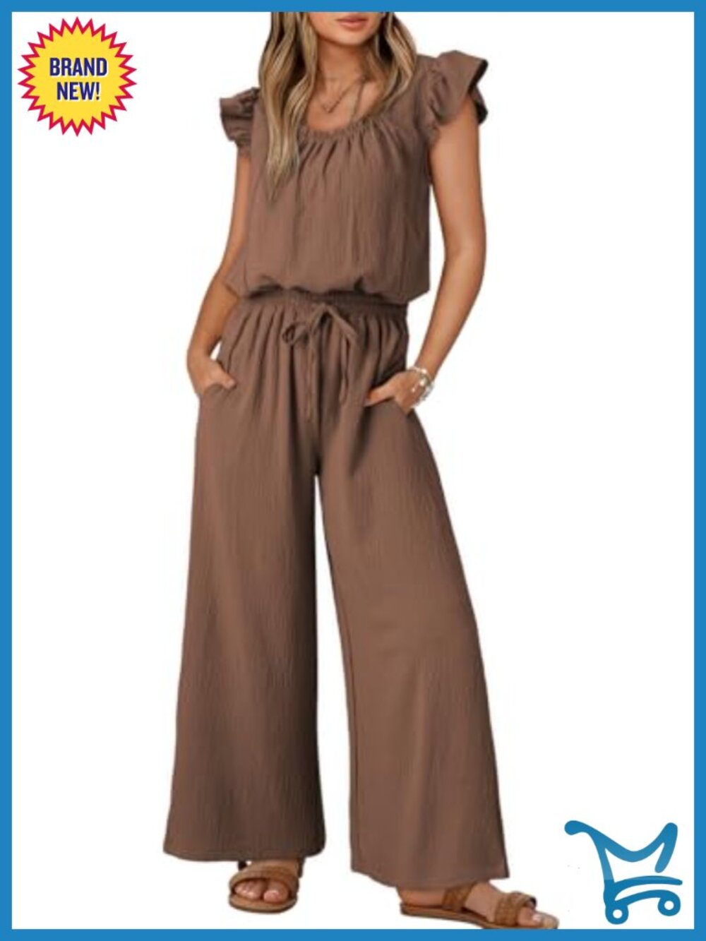 Ruffle Sleeve Square Neck Romper Overalls with Pockets Drawstring Waist Jumpsuit